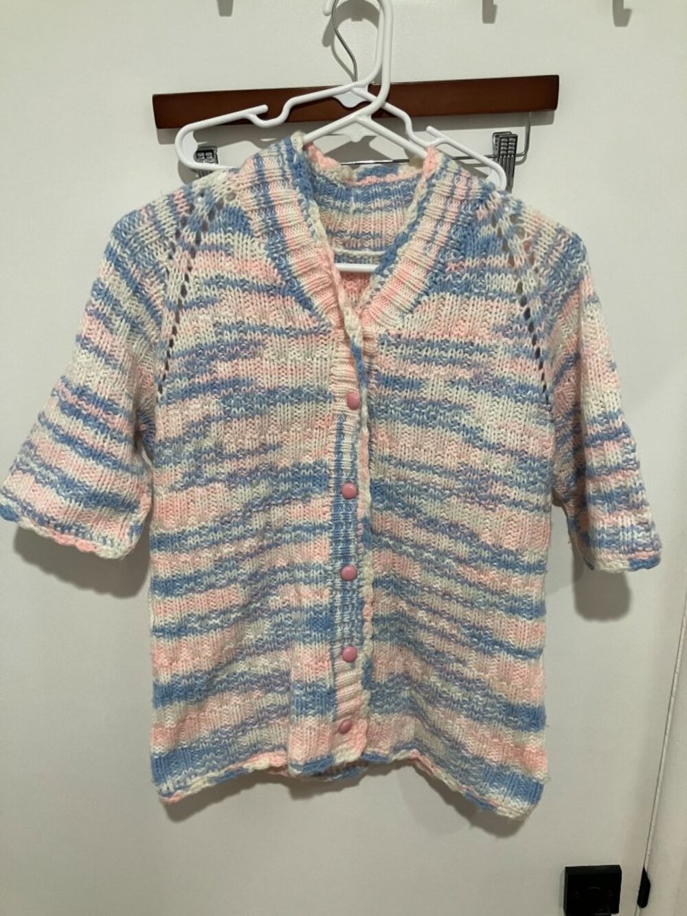 Handmade Knit Cardigan Sweater Pastel Pink Blue Short Sleeve Cottagecore OS